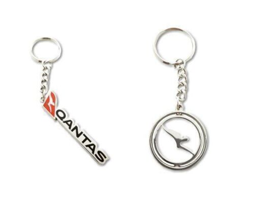 Set Of 2 Qantas Australia Logo Word Keyring & Round Silver Spinning Keyring Key Ring Aviation Airline Kangaroo 