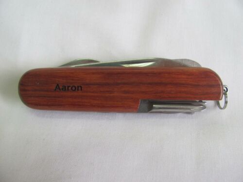 Aaron Name Personalised Wooden Pocket Knife Multi Tool With 10 Tools / Accessories