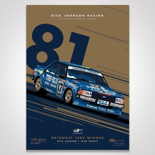 Dick Johnson Racing Tru-Blu Ford Falcon XD 1981 Bathurst 1000 Winner - Metallic Gold Limited Edition Signed Print Rolled Poster 