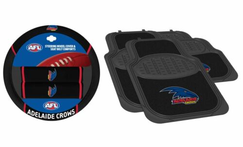 Set Of 2 Adelaide Crows AFL Team Logo Car Steering Wheel Cover & 4 Floor Mats 2x Front 2x Rear