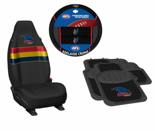 Set Of 3 Adelaide Crows AFL Team Car Seat Covers + Steering Wheel Cover + 4 Floor Mats