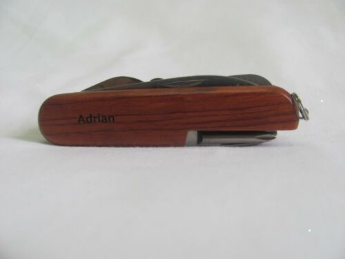 Adrian Name Personalised Wooden Pocket Knife Multi Tool With 10 Tools / Accessories