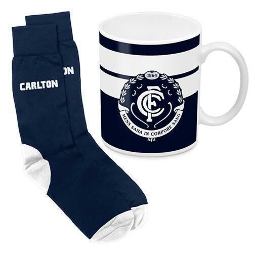 Carlton Blues AFL 330ml Ceramic Coffee Tea Mug Cup And Jacquard Knit Socks to fit Adult (7-11) Sock Gift Pack