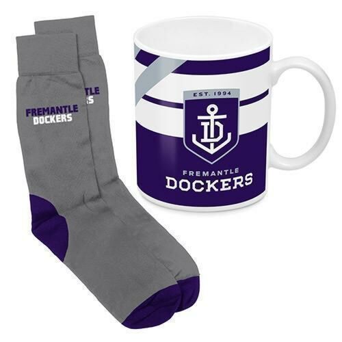 Fremantle Dockers AFL 330ml Ceramic Coffee Tea Mug Cup And Jacquard Knit Socks to fit Adult (7-11) Sock Gift Pack