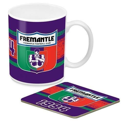 Fremantle Dockers AFL 1st 18 Team Heritage Logo Ceramic 330ml Coffee Tea Mug Cup & Corked Back Coaster Set Gift Idea