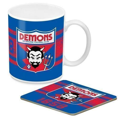 Melbourne Demons AFL 1st 18 Team Heritage Logo Ceramic 330ml Coffee Tea Mug Cup & Corked Back Coaster Set Gift Idea