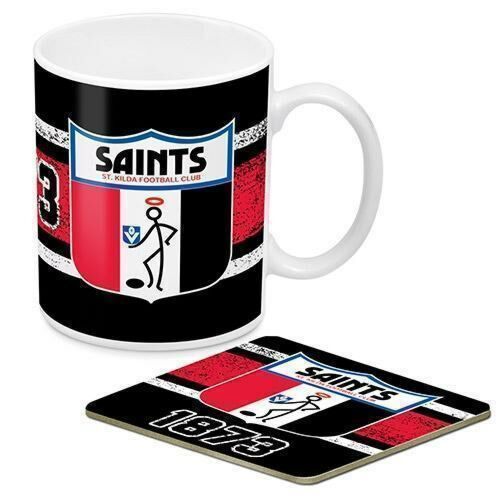 St Kilda Saints AFL 1st 18 Team Heritage Logo Ceramic 330ml Coffee Tea Mug Cup & Corked Back Coaster Set Gift Idea