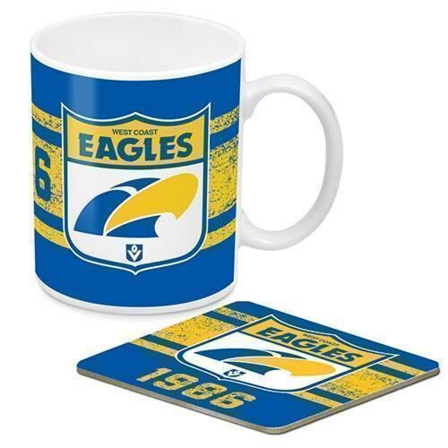 West Coast Eagles AFL 1st 18 Team Heritage Logo Ceramic 330ml Coffee Tea Mug Cup & Corked Back Coaster Set Gift Idea