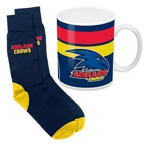 Adelaide Crows AFL 330ml Ceramic Coffee Tea Mug Cup And Jacquard Knit Socks to fit Adult (7-11) Sock Gift Pack