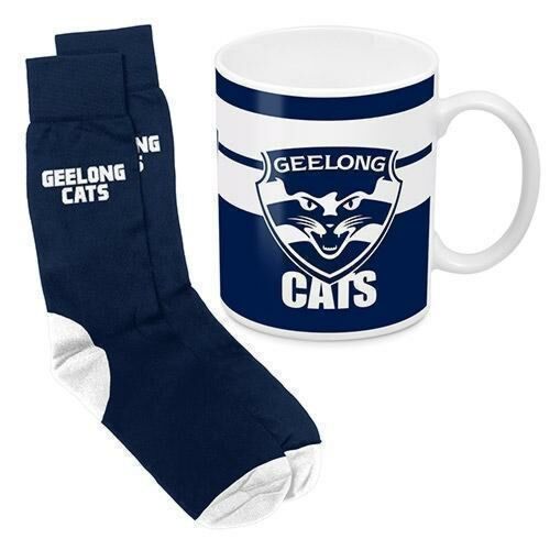 Geelong Cats AFL 330ml Ceramic Coffee Tea Mug Cup And Jacquard Knit Socks to fit Adult (7-11) Sock Gift Pack