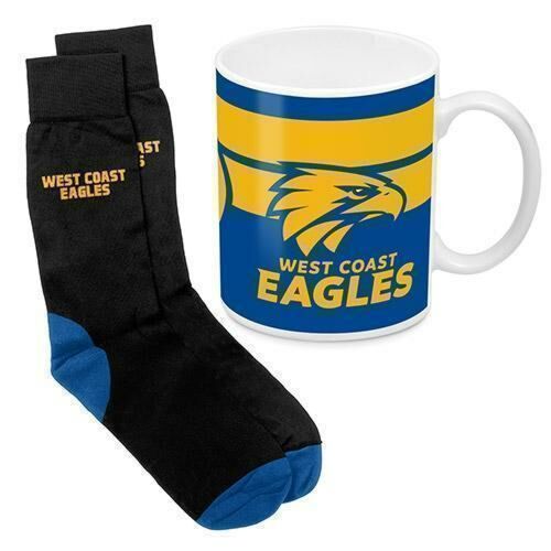 West Coast Eagles AFL 330ml Ceramic Coffee Tea Mug Cup And Jacquard Knit Socks to fit Adult (7-11) Sock Gift Pack