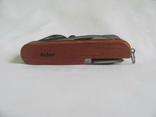 Aiden Name Personalised Wooden Pocket Knife Multi Tool With 10 Tools / Accessories