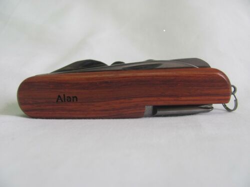 Alan Name Personalised Wooden Pocket Knife Multi Tool With 10 Tools / Accessories