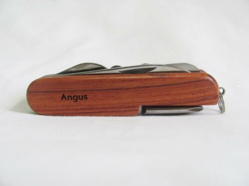 Angus Name Personalised Wooden Pocket Knife Multi Tool With 10 Tools / Accessories