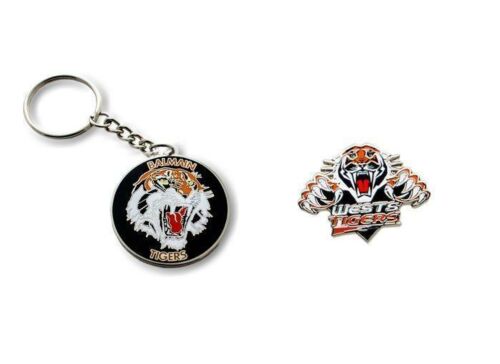 Set of 2 Balmain Tigers NRL Team Heritage Logo Key Ring Keyring Chain + Wests Team Logo Pin Badge