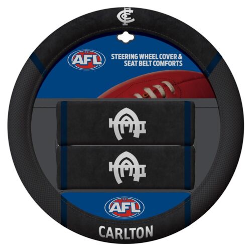 Carlton Blues AFL Team Logo 39cm Diameter Flexible Steering Wheel & 2 Seat Belt Covers