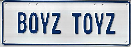 Boyz Toyz Blue on White 37cm x 13cm Novelty Number Plate 