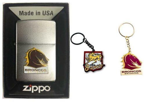 Set Of 3 Brisbane Broncos NRL Team Logo Refillable Zippo + Heritage Logo Key Ring + Team Logo Key Ring Keyring