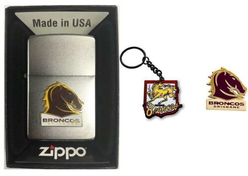Set Of 3 Brisbane Broncos NRL Team Logo Refillable Zippo + Heritage Logo Key Ring + Team Logo Pin
