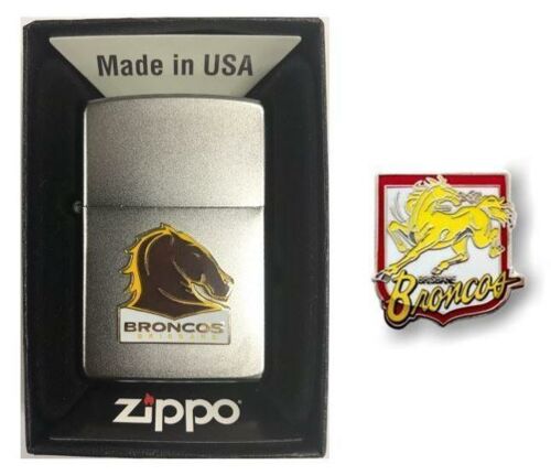 Set Of 2 Brisbane Broncos NRL Team Logo Refillable Zippo + Heritage Logo Pin