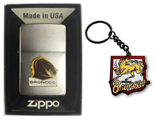 Set Of 2 Brisbane Broncos NRL Team Logo Refillable Zippo + Heritage Logo Key Ring Keyring