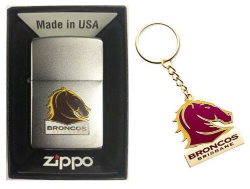Set Of 2 Brisbane Broncos NRL Team Logo Refillable Zippo + Team Logo Key Ring Keyring