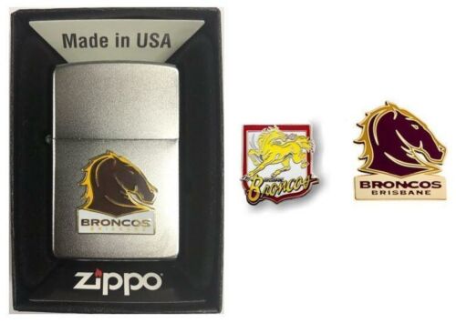 Set Of 3 Brisbane Broncos NRL Team Logo Refillable Zippo + Heritage Logo Pin + Team Logo Pin