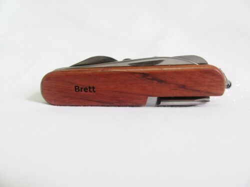 Brett Name Personalised Wooden Pocket Knife Multi Tool With 10 Tools / Accessories