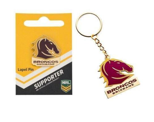 Set Of 2 Brisbane Broncos NRL Team Logo Metal Pin Badge & Mascot Metal Keyring Key Ring