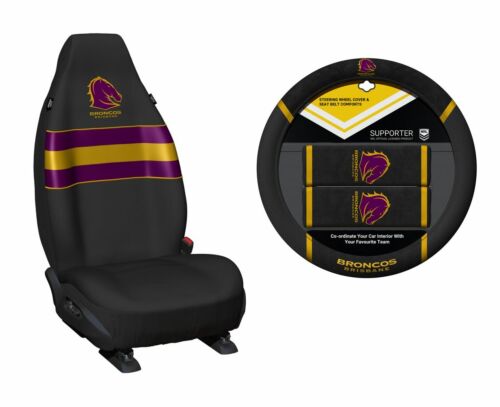 Set of 2 Brisbane Broncos NRL Car Seat Covers & Steering Wheel Cover 