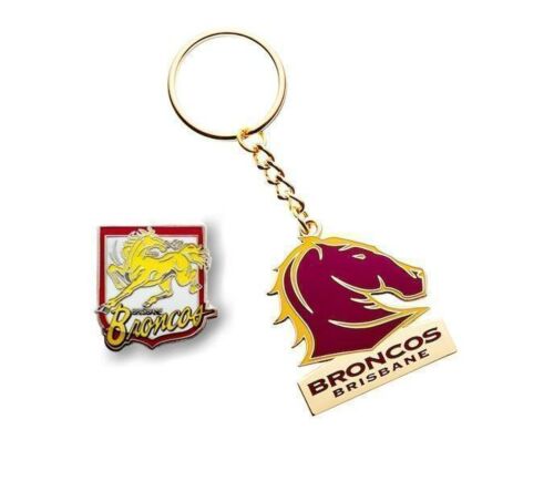 Set of 2 Brisbane Broncos NRL Team Heritage Logo Collectable Lapel Hat Tie Pin Badge & Mascot Metal Key Ring Keyring