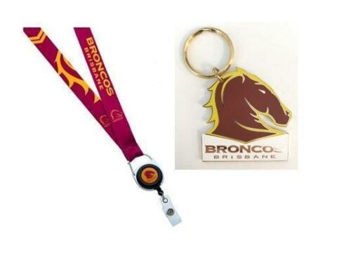 Set Of 2 Brisbane Broncos NRL Team Retractable Lanyard + Metal Logo Key Ring Keyring Chain