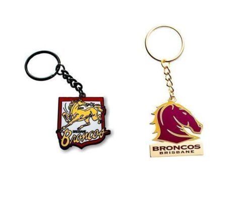 Set of 2 Brisbane Broncos NRL Team Heritage Logo Key Ring Keyring Chain + Team Logo Key Ring Keyring