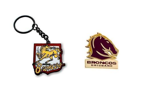 Set of 2 Brisbane Broncos NRL Team Heritage Logo Key Ring Keyring Chain + Team Logo Pin Badge