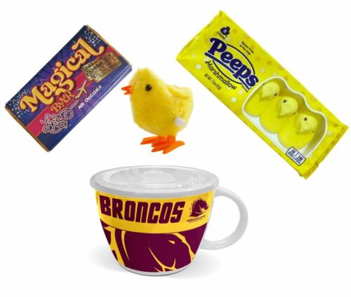 NRL EASTER PACK – Brisbane Broncos NRL Soup Mug + Peeps Marshmallow Chicks 42g Packet + Magical Bar 50g Milk Chocolate + Wind Up Hopping Chick