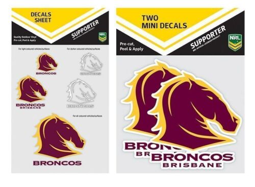 Set Of 2 Brisbane Broncos NRL Logo Pack Of 5 Decal Stickers Sheet iTag & Pack Of 2 Mini Decals Stickers itag