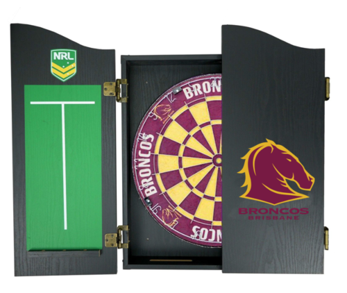 Brisbane Broncos NRL Bristle Dartboard and Wooden Cabinet Dart Board 