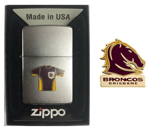 Set Of 2 Brisbane Broncos NRL Team Jersey Refillable Zippo + Team Logo Pin