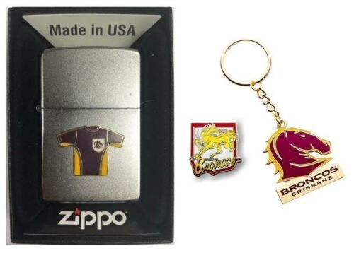 Set Of 3 Brisbane Broncos NRL Team Jersey Refillable Zippo + Heritage Logo Pin + Team Logo Key Ring