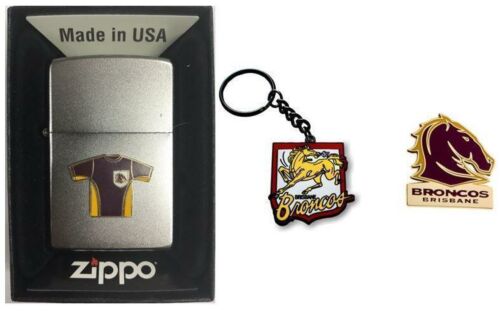Set Of 3 Brisbane Broncos NRL Team Jersey Refillable Zippo + Heritage Logo Key Ring + Team Logo Pin