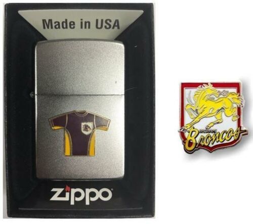 Set Of 2 Brisbane Broncos NRL Team Jersey Refillable Zippo + Heritage Logo Pin