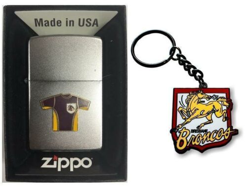 Set Of 2 Brisbane Broncos NRL Team Jersey Refillable Zippo + Heritage Logo Key Ring Keyring