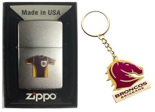 Set Of 2 Brisbane Broncos NRL Team Jersey Refillable Zippo + Team Logo Key Ring Keyring