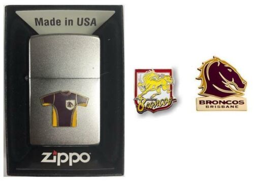 Set Of 3 Brisbane Broncos NRL Team Jersey Refillable Zippo + Heritage Logo Pin + Team Logo Pin