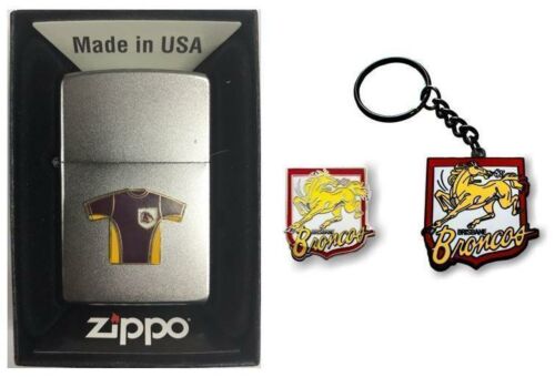 Set Of 3 Brisbane Broncos NRL Team Jersey Refillable Zippo + Heritage Logo Pin + Heritage Logo Key Ring