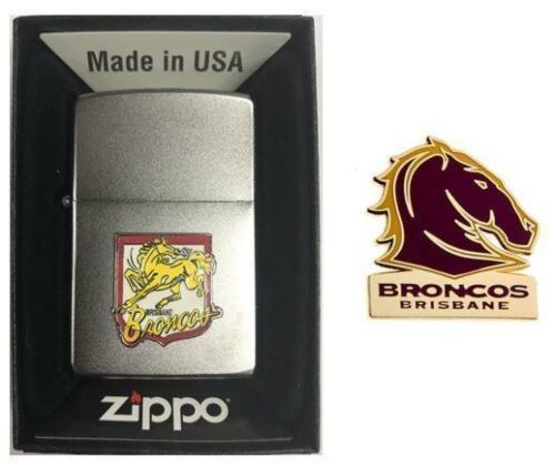 Set Of 2 Brisbane Broncos NRL Heritage Logo Refillable Zippo + Team Logo Pin