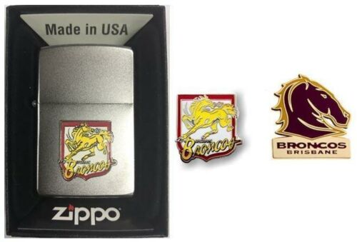 Set Of 3 Brisbane Broncos NRL Heritage Logo Refillable Zippo + Heritage Logo Pin + Team Logo Pin