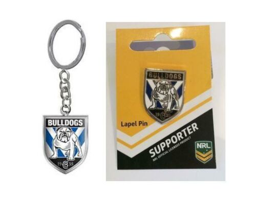 Set Of 2 Canterbury Bulldogs NRL Team Logo Metal Pin Badge & Mascot Metal Keyring Key Ring