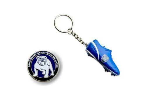 Set of 2 Canterbury Bulldogs NRL Team Heritage Logo Collectable Lapel Hat Tie Pin Badge & Resin Boot Key Ring Keyring