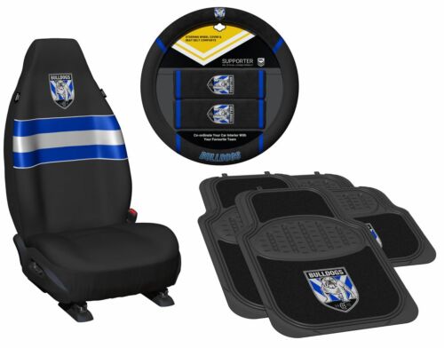 Set of 3 Canterbury Bulldogs NRL Team Car Seat Covers + Steering Wheel Cover + 4 Floor Mats